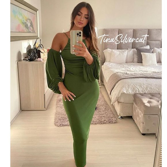 BLOGGER'S FAVE! Zara Long Dress With Gathered Details Green Sz S NWT - Picture 4 of 17